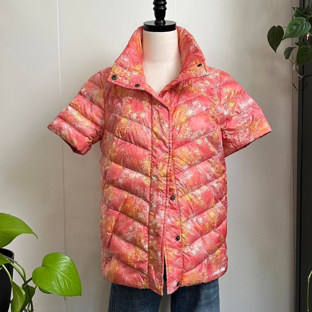 Lands End Women Pink Floral Short Sleeve Chevron Puffer Jacket Small Oversized